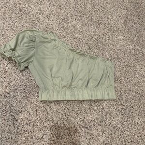 One shoulder sage green cropped shirt